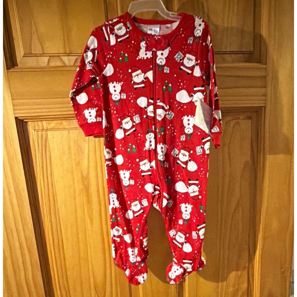 Onesies Red Christmas Santa & Snowman Graphic Footed Zip Sleeper One Piece